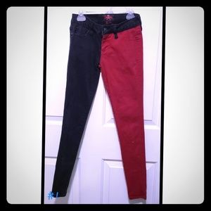 Hot Topic Half Red and Half Black Jeans